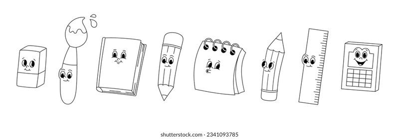 Vector set with cartoon retro mascots colored illustrations of stationery - pencil, book, notebook and brush. Vintage style 30s, 40s, 50s old animation. Stickers isolated on white background.