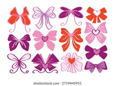 Vector conjunto de cintas de dibujos animados, lazos, accesorios con corazones. Antiguas girly rosa, púrpura y rojo arcos para la decoración del cabello. Lindo dibujo a mano de moda coqueta pegatinas. Embalaje y decoración de ropa para cumpleaños y día de San Valentín.