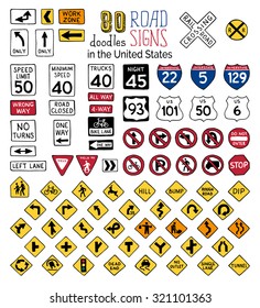 Vector Set Of Cartoon Road Signs In The United States. Hand-drawn Traffic Sign Icons Isolated On White Background.