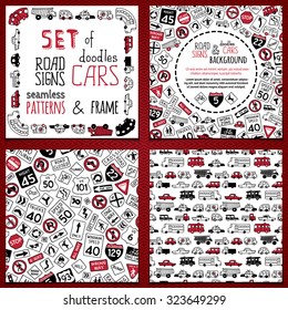 Vector Set Of Cartoon Road Signs And Vehicles. Set Of Two Seamless Patterns, Background And Frame Of Cars On White Background. Black, Red And White Colours.