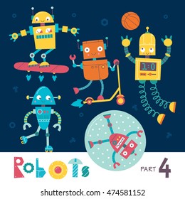 Vector set of cartoon robots isolated on a dark background. Part 4. Kids characters. Sports and games.