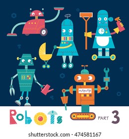 Vector set of cartoon robots isolated on a dark background. Part 3. Kids characters. Service and cleaning.