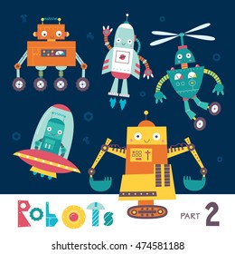 Vector Set Of Cartoon Robots Isolated On A Dark Background. Part 2. Kids Characters. Space And Fantastic Fiction.