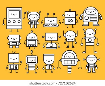 Vector Set Of Cartoon Robots Isolated On White Background