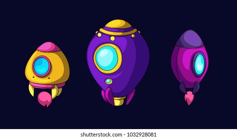 Vector set of cartoon rockets, Space ships isolated on a dark background
