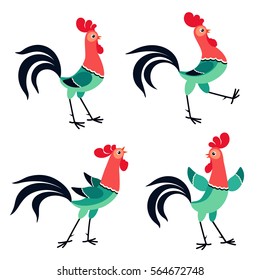 Vector set of cartoon rooster in various poses isolated on white background