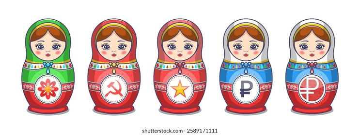 Vector set of cartoon russian cute national nesting dolls. Collection of matryoshka toys. Symbols digital ruble, star, sickle and hammer. Flower. Isolated white background