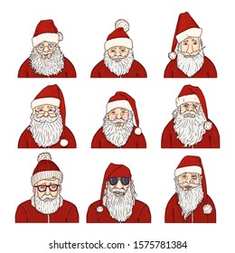 Vector Set of Cartoon Santa Claus Characters. Different Faces.