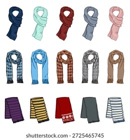 Vector Set of Cartoon Scarf Illustrations. Color and Style Variations