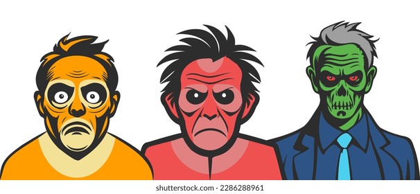 Vector set of cartoon scary colored dead men portraits. Stickers or icons. Ugly zombies. White isolated background.