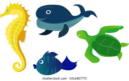 Vector Set Of Cartoon Sea Animals Isolated