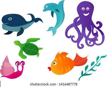 Vector Set Of Cartoon Sea Animals Isolated