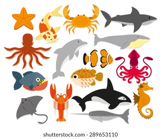 Vector Set Of Cartoon Sea Animals Isolated