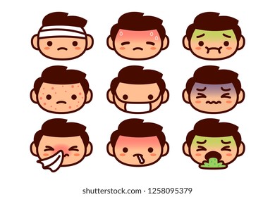 Vector Set Of Cartoon Sick Characters Isolated On White Background