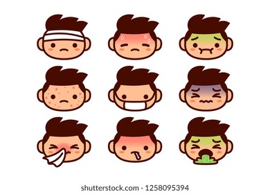 Vector Set Of Cartoon Sick Characters Isolated On White Background