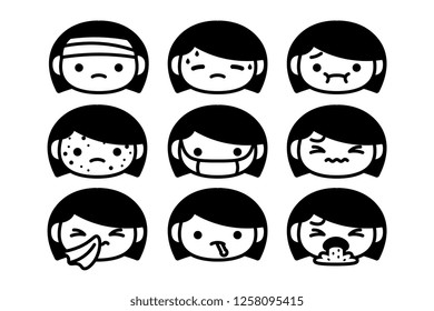 Vector Set Of Cartoon Sick Characters Isolated On White Background