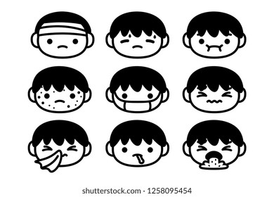 Vector Set Of Cartoon Sick Characters Isolated On White Background