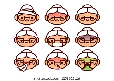Vector Set Of Cartoon Sick Characters Isolated On White Background