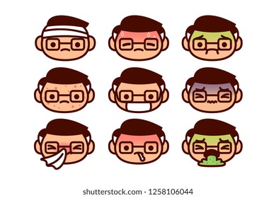 Vector Set Of Cartoon Sick Characters Isolated On White Background