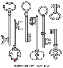 Vector Set of Cartoon Silver Antique Keys. Type of Antique Keys.