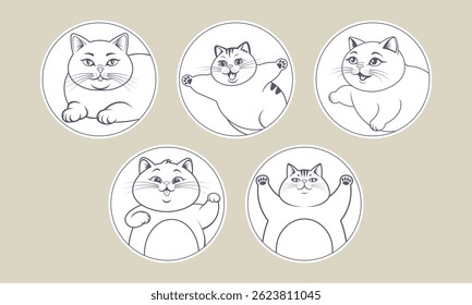 Vector set of cartoon simple graphic cute chubby funny cats. Collection of round stickers. Fat pets. Domestic animals. Toon puss and kittens