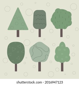 Vector set of cartoon simple trees in light yellow background.
