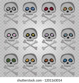 Vector set of cartoon skeleton sculls with multi colored random eyes isolated on transparent background. Halloween collection of icons, clip art, digital design elements, pirate symbols, signs.