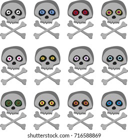 Vector set of cartoon skeleton sculls with multi colored random eyes isolated on white background. Halloween collection of icons, clip art, digital design elements, pirate symbols, signs, pattern.