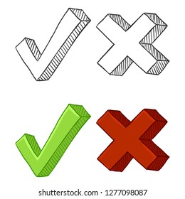 Vector Set Of Cartoon And Sketch Yes And No Signs. Approve And Reject Signs