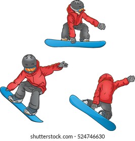 Vector Set of a cartoon snowboarder doing a grab trick in air