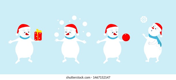 Vector set of cartoon snowmen. Christmas and New Year vector illustration of winter holiday characters. Design for greeting cards, banners.