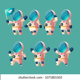 Vector set of cartoon spaceman kid, moving cosmonaut in spacesuit, child in helmet isolated on blue background. Futuristic clothing for exploration of cosmos, galaxy, space.