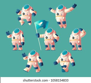 Vector set of cartoon spaceman, moving cosmonaut in spacesuit, helmet isolated on blue background. Futuristic clothing for exploration of cosmos, galaxy, space.