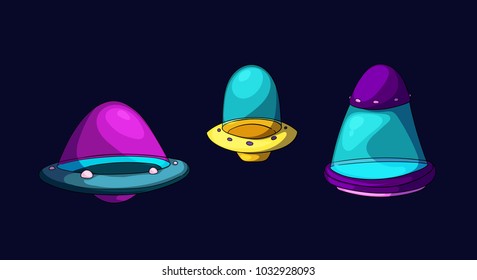 Vector set of cartoon Spaceship and spacecrafts. Ufo. isolated on a dark background