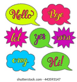 Vector set of Cartoon speech bubbles.Hand drawn set with phrases Hi, Hello, Thank you, Yes, Wow, Bye.Cute Internet Slang Wording Vector Design Illustration. Patch badges or fashion pin badges.Stickers