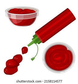 Vector set with a cartoon splash of ketchup isolated on a white background. Ketchup in bottles, in a bowls with a view from above and frontally. Vector illustration for app, games and menu.