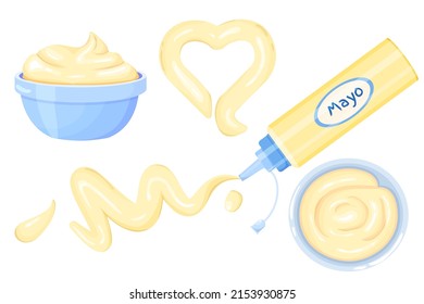 Vector set with a cartoon splash of mayonnaise isolated on a white background. Mayonnaise in bottles, in a bowls with a view from above and frontally. Vector illustration for app, games and menu.