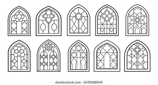 Vector set of cartoon stained glass windows for the design of children's books, coloring books
