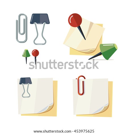 vector set of cartoon stationery illustration. Binder clips, push pins and paper clips. Picture isolate on white background