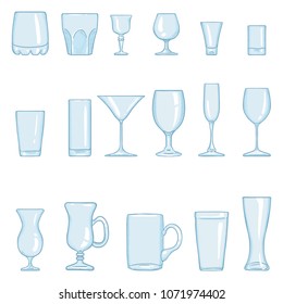 Vector Set of Cartoon Stemware. Glasses for Alcohol, Cocktails and Soft Drink
