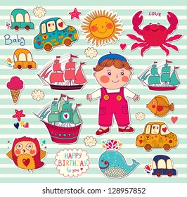 Vector set of cartoon stickers: boy and toys