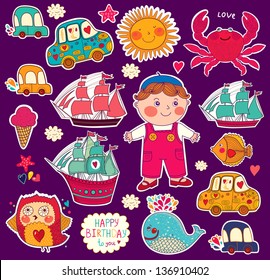 Vector set of cartoon stickers: boy and toys. Happy birthday card