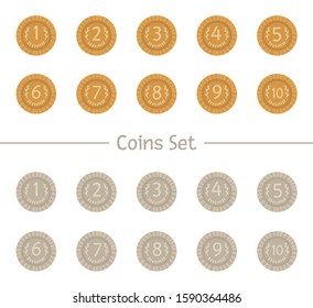 Vector set of cartoon style coins. Silver and gold money symbols isolated on white background. Illustration with numbers for counting, math or business activity