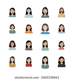 Vector Set of Cartoon Style Female Faces emoji with Various Expressions