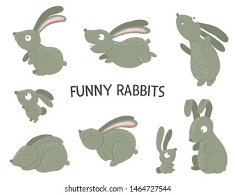 Vector set of cartoon style flat funny rabbits in different poses. Cute illustration of woodland animals. Collection of hares for children’s design.