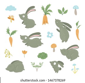 Vector set of cartoon style flat funny rabbits in different poses with carrot, cabbage, flowers, cloud, mushroom clip art. Cute illustration of woodland animals. Hares for children design