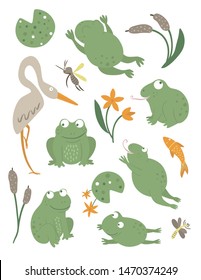 Vector set of cartoon style flat funny frogs in different poses with waterlily, dragonfly, mosquito, reed, heron clip art. Cute illustration of woodland swamp animals. Collection of amphibians