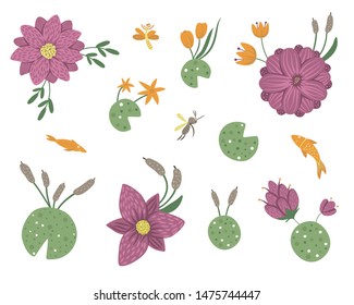 Vector set of cartoon style flat funny waterlily, dragonfly, mosquito, reed, clip art. Cute illustration with woodland swamp theme for children’s design