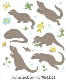 Vector set of cartoon style flat funny otters in different poses with frog, crab, fish, lizard clip art. Cute illustration of woodland animals for children’s design. 