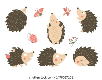 Vector set of cartoon style flat funny hedgehogs in different poses with dragonfly, butterfly, ladybug clip art. Cute illustration of woodland animals for children’s design